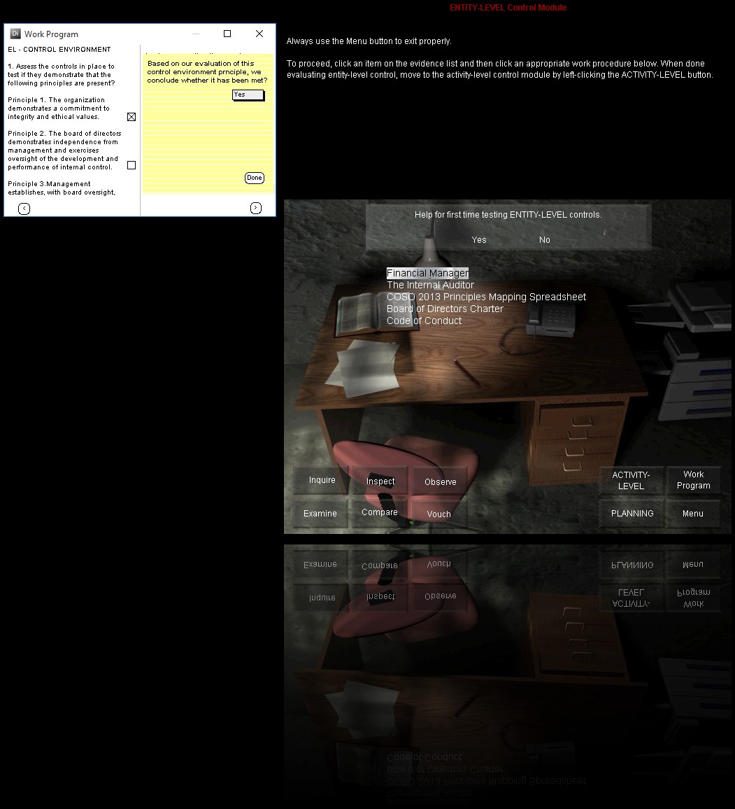 Screen 10 - Entity-level Control Module [this is where students enter their conclusions with respect to COSO 13 control environment principle 1].